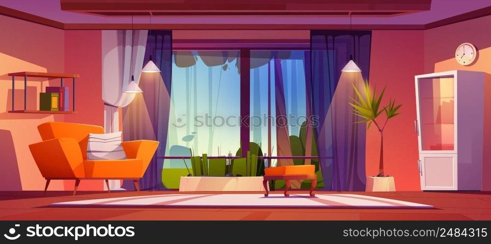 House living room with panoramic window with view of backyard outside. Vector cartoon illustration of empty interior with sofa, pouf, cabinet and big window with summer landscape view. House living room with panoramic window
