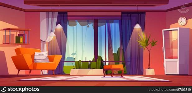 House living room with panoramic window with view of backyard outside. Vector cartoon illustration of empty interior with sofa, pouf, cabinet and big window with summer landscape view. House living room with panoramic window