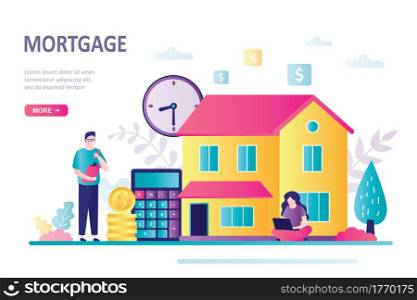 House loan or money investment to real estate. Couple buying new house. Concept mortgage.Businessman calculates home mortgage rate.Characters in trendy style.Finance managment.Flat vector illustration. House loan or money investment to real estate. Couple buying new house. Concept mortgage.Businessman calculates home mortgage rate