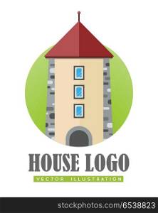 House Logo Vector Illustration Web Button Icon. House logo vector illustration web button icon sign symbol. Building with arc. Three storey building with windows. Tower center modern building sign. Flat style logo in circle. For building company