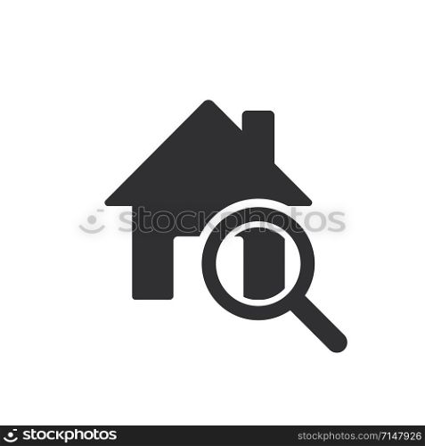 House loupe icon. Search symbol illustration. Home icon vector. Magnifier lens icon. Flat vector isolated illustration. EPS 10
