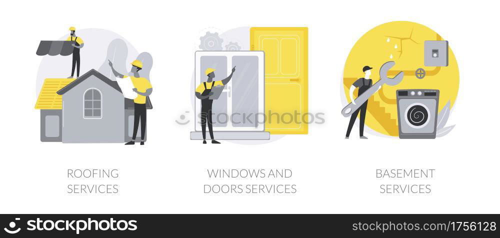 House maintenance abstract concept vector illustration set. Roofing services, windows and doors replacement and installation, basement repair, leak inspection, hire contractor abstract metaphor.. House maintenance abstract concept vector illustrations.