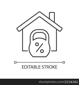 House mortgage linear icon. Bank loan for buying home. Property sale. Real estate ownership. Thin line illustration. Contour symbol. Vector outline drawing. Editable stroke. Arial font used. House mortgage linear icon