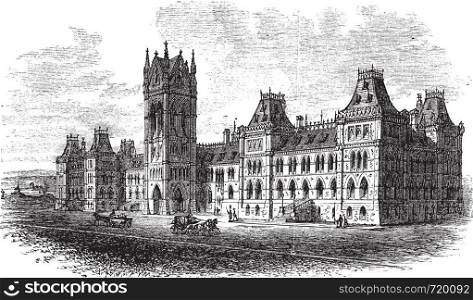 House of Parliament, Ottawa, Ontario, Canada, vintage engraved illustration. Trousset encyclopedia (1886 - 1891).