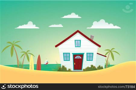 House Of The Beach. Illustration of a cartoon house near the summer beach with sailing boat behind