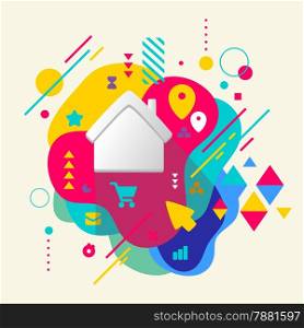 House on abstract colorful spotted background with different elements. Flat design.