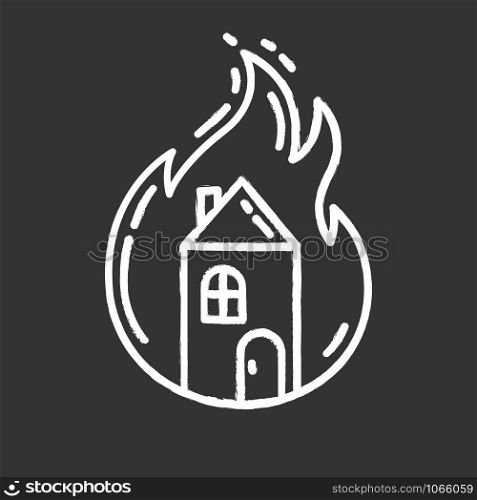 House on fire chalk icon. Burning building. Arson of property. Home combustion. Dwelling conflagration. Ignoring fire safety regulations. Insurance case. Isolated vector chalkboard illustration
