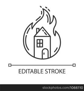 House on fire linear icon. Burning building. Arson of property. Home combustion. Insurance case. Thin line illustration. Contour symbol. Vector isolated outline drawing. Editable stroke
