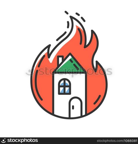 House on fire red color icon. Burning building. Arson of property. Home combustion. Dwelling conflagration. Ignoring fire safety regulations. Insurance case. Isolated vector illustration