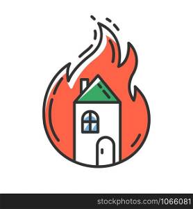 House on fire red color icon. Burning building. Arson of property. Home combustion. Dwelling conflagration. Ignoring fire safety regulations. Insurance case. Isolated vector illustration