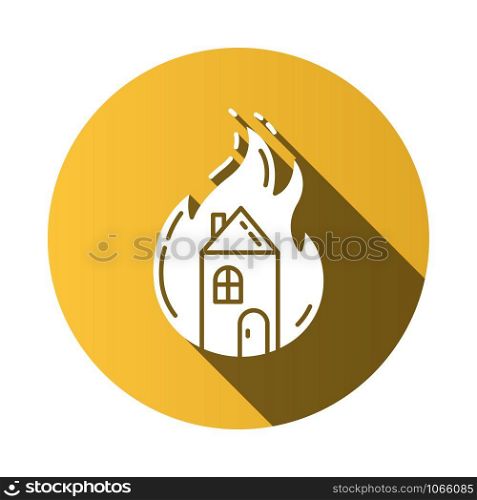 House on fire yellow flat design long shadow glyph icon. Burning building. Arson of property. Home combustion. Ignoring fire safety regulations. Insurance case. Vector silhouette illustration