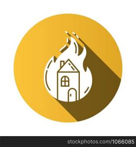 House on fire yellow flat design long shadow glyph icon. Burning building. Arson of property. Home combustion. Ignoring fire safety regulations. Insurance case. Vector silhouette illustration