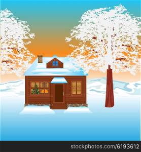 House on glade in winter. The Small lodge in wood in winter.Vector illustration