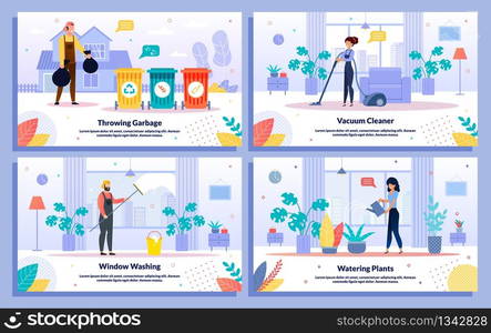 House or Apartment Commercial Cleaning Service Trendy Flat Vector Ad Banner, Promo Poster Templates Set. Female, Male Workers Washing Window, Watering Plant, Vacuuming, Throwing Garbage Illustration