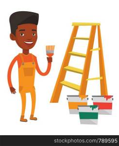 House painter holding a paintbrush. House painter with paintbrush standing near step-ladder and paint cans. Concept of house renovation. Vector flat design illustration isolated on white background.. Painter with paint brush vector illustration.
