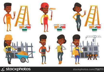 House painter holding paintbrush. House painter with paintbrush standing near step-ladder and paint cans. House renovation concept. Set of vector flat design illustrations isolated on white background. Vector set of constructors and builders characters