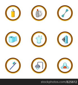 House personal hygiene icons set. Cartoon style set of 9 house personal hygiene vector icons for web design. House personal hygiene icons set, cartoon style