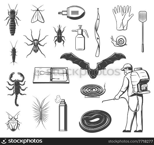 House pests control, insects and animals vector icons. Termite, silverfish and moth, spider, weevil beetle and scorpion, house centipede, bat and snake, worker with sprayer, mosquito coil and rattrap. Pests control equipment, insects and animals icons