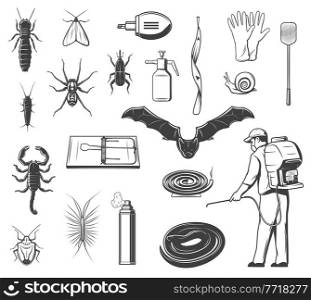 House pests control, insects and animals vector icons. Termite, silverfish and moth, spider, weevil beetle and scorpion, house centipede, bat and snake, worker with sprayer, mosquito coil and rattrap. Pests control equipment, insects and animals icons