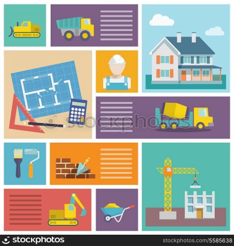 House plan and building construction icons set with tools trowel lorry isolated vector illustration