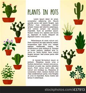House plant and cactus vector brochure page template. Nature cactus garden, banner template with botanical blossom cacti illustration. House plant and cactus vector brochure page template