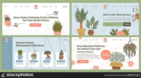 House plant delivery offer at landing banner set. Modern service for green organic potted flower sale at web page collection. Free delivery offer at website design, vector illustration. House plant delivery offer at landing banner set