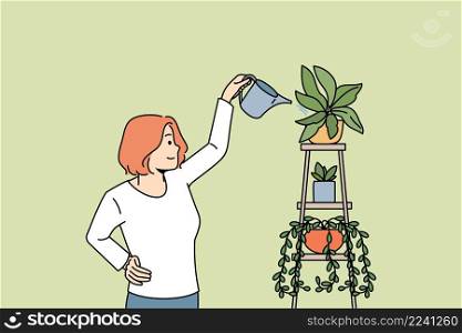 House plants and botany concept. Smiling woman standing and watering green growing house plants with can taking care vector illustration . House plants and botany concept.