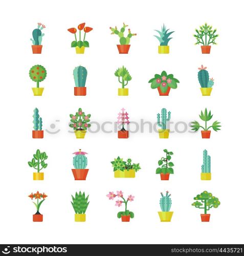 House Plants Flat Icons Set . House plants and flowers for interior decoration flat icons collection with aloe and geranium abstract isolated vector illustration