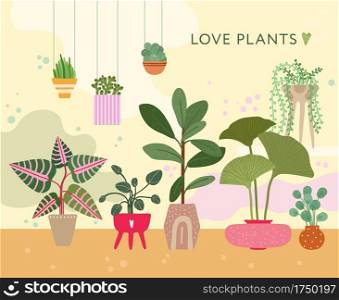 House plants. Green home, floral succulents decor. Flat scandinavian interior with tropical trees and cactus in pots. Vector poster design. Illustration interior floral plant, garden home. House plants. Green home, floral succulents decor. Flat scandinavian interior with tropical trees and cactus in pots. Vector poster design