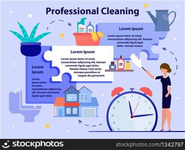 House Professional Cleaning Service Flat Vector Promo Banner, Poster Template. Maid, Female Employee Cleanup Dust with Duster, Washing Toilet and Bathroom with Detergents, Watering Plants Illustration