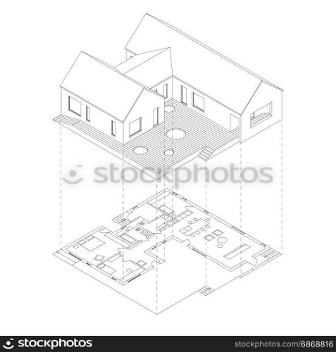 House projection with plan. House with plan projection on white background. Isometric line illustration of sketch house.