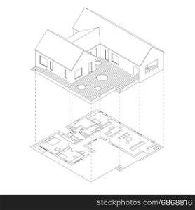 House projection with plan. House with plan projection on white background. Isometric line illustration of sketch house.