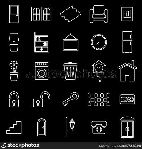 House related line icons on black background, stock vector
