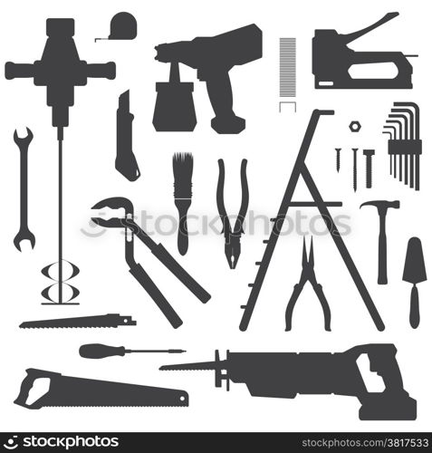 house remodel instruments silhouette set. vector various house repair tools dark grey silhouette set