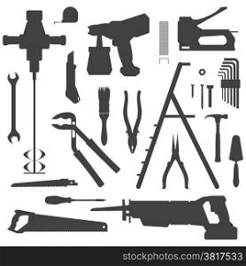 house remodel instruments silhouette set. vector various house repair tools dark grey silhouette set
