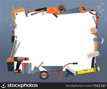 House remodeling and repair notes blank list of work tools. Vector home renovation and construction, handyman carpentry, masonry and woodwork hand tools, drill and saw, paint, hammer and ruler toolkit. Notes blank list, construction work tools