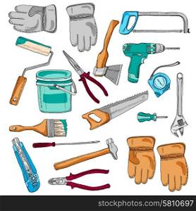 House renovating tools and instruments icons set with handsaw hammer and brush color abstract vector isolated illustration. Painter working tools icons set color