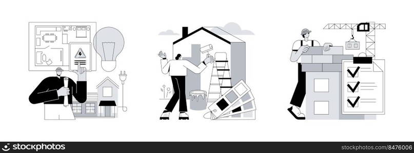 House renovation abstract concept vector illustration set. Residential e≤ctrical construction, pa∫er services, quality control,∫erior and exterior, lighting and appliance abstract metaphor.. House renovation abstract concept vector illustrations.