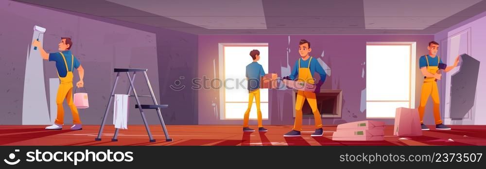 House renovation, repair works. Workers team paint wall in living room. Vector cartoon illustration of professional builders with painting roller, hammer, ladder, and putty renovating home. Home renovation with workers paint wall