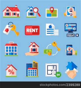 House rent and and property tenancy icons set with real estate symbols isolated vector illustration. Rent and tenancy icons set