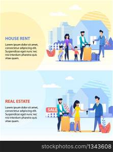 House Rent and Real Estate Text Banner Set Template. Family with Children and Young Married Couple with Luggage Taking Keys from Realtor Ready to Move in New Home. Vector Cartoon Flat Illustration. House Rent and Real Estate Banner Set Template