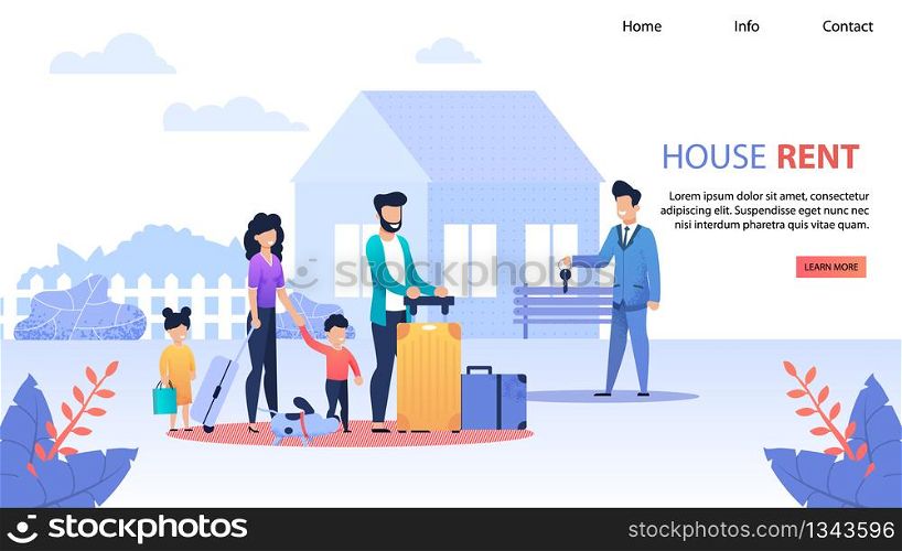 House Rent Service Flat Landing Page. Realtor Gives Keys to Family from New Home. Wife and Husband with Kids Make Deal. Success Bargain, Real Estate, Apartments Investments Vector Flat Illustration. House Rent Service Flat Landing Page Template