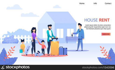 House Rent Service Flat Landing Page. Realtor Gives Keys to Family from New Home. Wife and Husband with Kids Make Deal. Success Bargain, Real Estate, Apartments Investments Vector Flat Illustration. House Rent Service Flat Landing Page Template