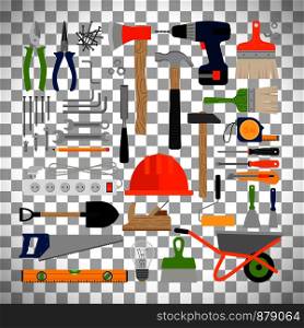 House repair, construction or working tools flat icons isolated on transparent background. House repair, construction or working tools