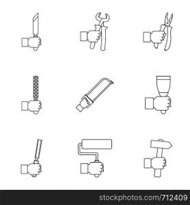 House repair instrument icon set. Outline set of 9 house repair instrument vector icons for web isolated on white background. House repair instrument icon set, outline style