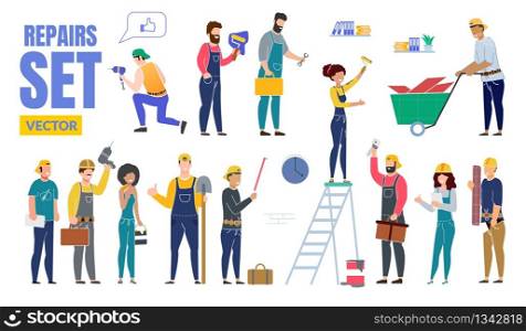 House Repair Service Employees, Female and Male Workers Trendy Flat Vector Characters Set. Men and Women in Overalls Painting Wall, Plumper, Builder, Contractor Working on Construction Illustrations