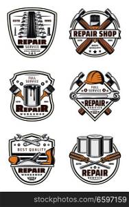 House repair service retro badges with work tools on shields. Hammer, screwdriver and wrench, spanner, paint and brush, screw, hard hat and jack plane vintage symbols for construction themes design. Construction and repair work tools vintage icons