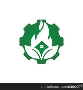 House restore from disaster vector logo template. Home fire with leaf and gear icon.	