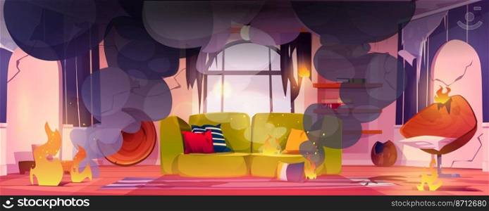 House room in fire. Flame and black smoke clouds inside of home interior, burning living room with blazing furniture, curtains and thick smog, dangerous accident, arson, Cartoon vector illustration. House room in fire. Flame and black smoke clouds