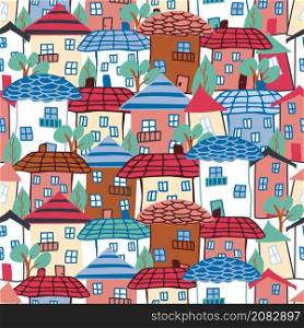 House seamless pattern, standing tight. Naive childish style. City roofs. House seamless pattern, standing tight. Naive childish style. City, roof.